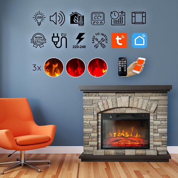 Camino elettrico AMBAR Stone ElectricSun, con effetto sonoro, 3 colori, con l’app, L107xH90cm