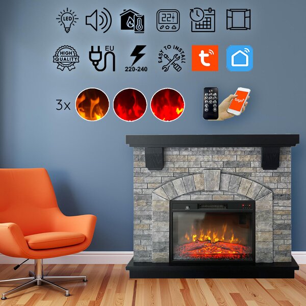 Camino elettrico GREYSTONE ElectricSun, con effetto sonoro, 3 colori, con l’app, L115xH102cm
