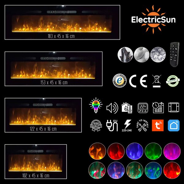 Camino elettrico ElectricSun PAULA vetro Grande nero, a parete, a pavimento o incorporabile, con suono, 10 colori, con l’app, L183xH45cm