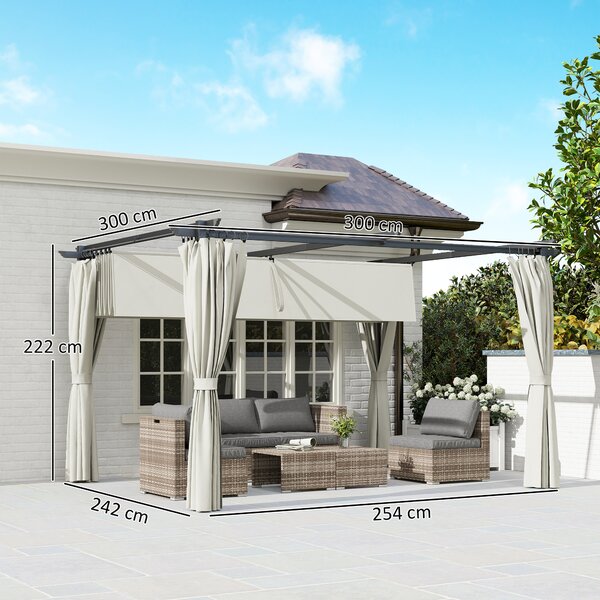 Outsunny Pergola da Giardino con Telo Retrattile e Tende Circondano, Riparo Solare UPF30+, Terrazza e Esterno, 3 x 3 m, bianco crema | Aosom Italy