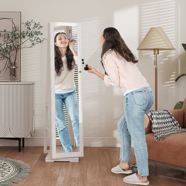 HOMCOM Specchio Portagioie, Specchio da Terra Girevole, Specchio Moderno per Camera da Letto in Legno Bianco con 2 Chiavi|Aosom