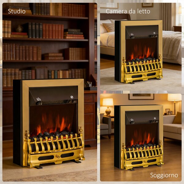 HomCom Camino Elettrico 2000W da Incasso o da Terra con Effetto Fiamma, in Plastica e Metallo, 48.2×18.5×59.2cm, finitura oro | Aosom Italy
