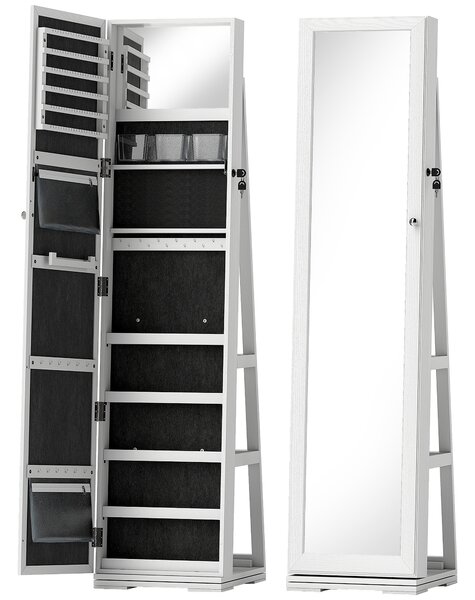 HOMCOM Specchio Portagioie, Specchio da Terra Girevole, Specchio Moderno per Camera da Letto in Legno Bianco con 2 Chiavi|Aosom