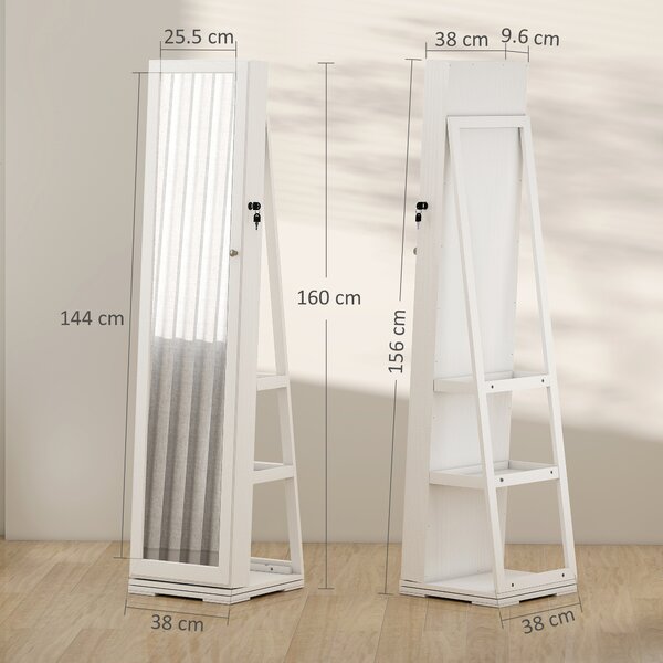 HOMCOM Specchio Portagioie, Specchio da Terra Girevole, Specchio Moderno per Camera da Letto in Legno Bianco con 2 Chiavi|Aosom