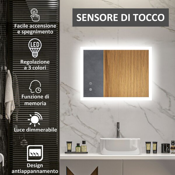 Kleankin Specchio Bagno da Parete Moderno con LED Rettangolare, Sensori Touch, Anti-Appannamento, 3 Colori di Luce, 80x60x3cm | Aosom Italy