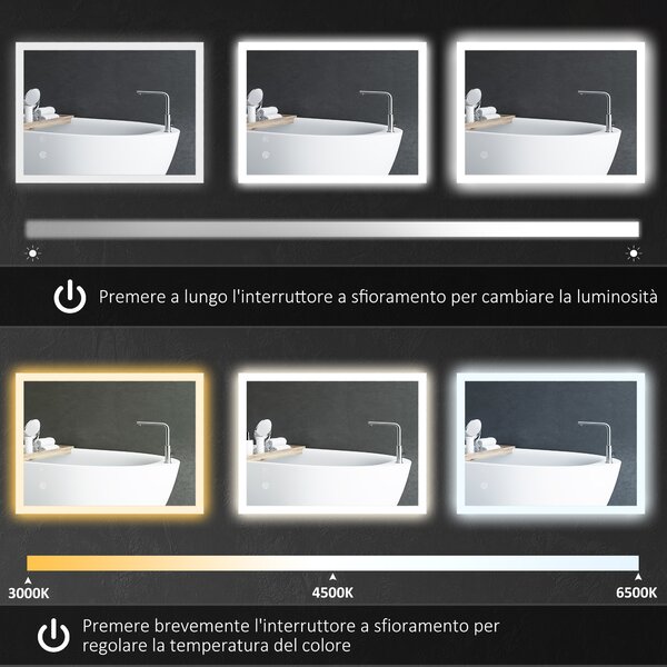Kleankin Specchio Bagno da Parete Moderno con LED Rettangolare, Sensori Touch, Anti-Appannamento, 3 Colori di Luce, 80x60x3cm | Aosom Italy
