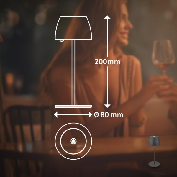 Briloner - Lampada da tavolo da esterno MINI dimmerabile, ricaricabile e a sfioramento LED/2,5W/5V IP44 1800 mAh antracite