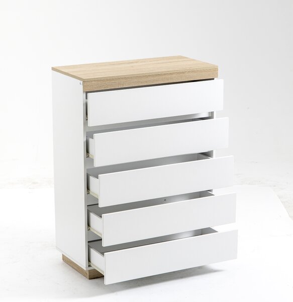 HOMCOM Cassettiera Legno 5 Cassetti Minimal con guida in metallo, per camere, soggiorni e corridoi, 80x40x109 cm, Bianco e color Rovere| Aosom Italy