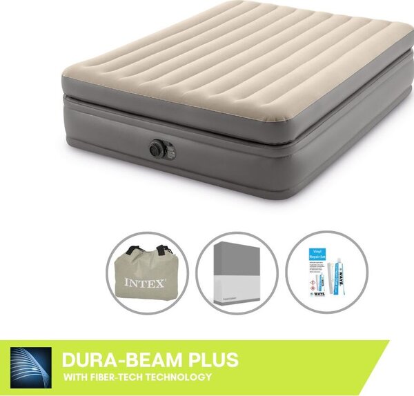Letto ad aria Intex - 2 persone - 152 x 203 x 51 cm - Grigio - Con pompa incorporata, lenzuola antracite e set di riparazione