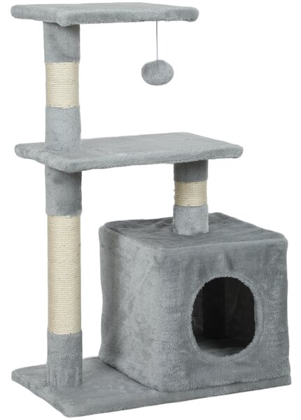 PawHut Tiragraffi per Gatti con Casetta, 2 Piattaforme e Pallina, in Legno, Sisal e Peluche, 50x30x81.5 cm, Grigio | Aosom Italy