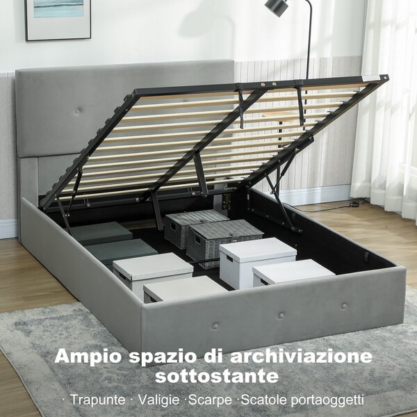 HOMCOM Letto Contenitore con Spazio a Scomparsa e Testiera Vellutata a Trapunta, in Legno e Metallo, 195x141x106 cm, Grigio | Aosom Italy