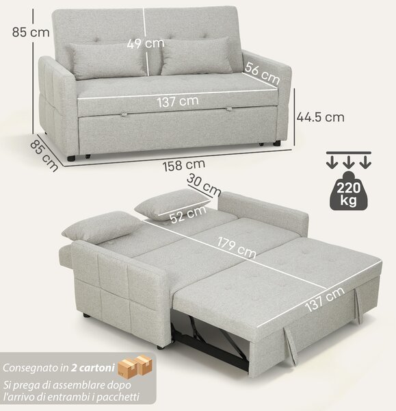HOMCOM Divano 2 Posti Convertibile in Divano Letto Clic Clac con 2 Cuscini in Tessuto, Grigio Chiaro | Aosom Italy