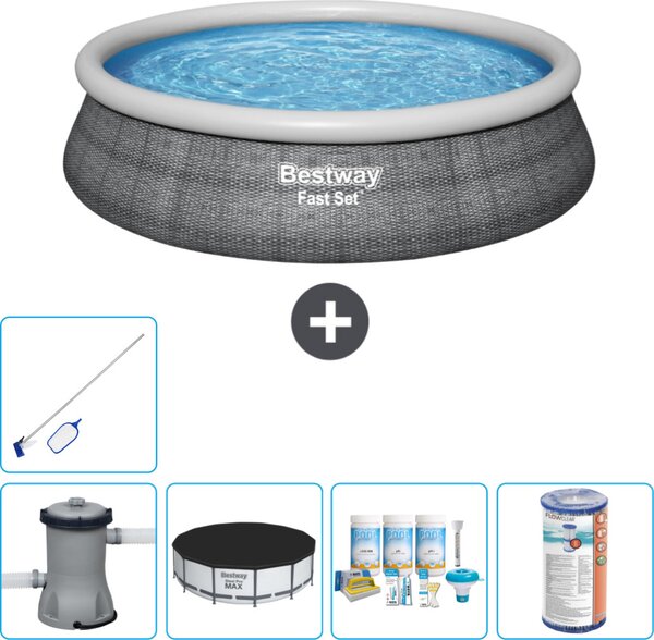 Bestway piscina gonfiabile rotonda a presa rapida - stampa rattan - 457 x 84 cm - inclusa copertura pompa - pacchetto manutenzione - filtro - kit pulizia