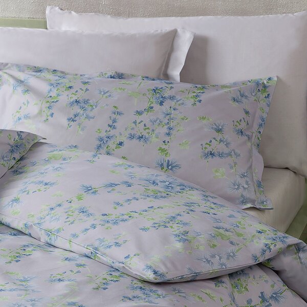 Completo Copripiumino In Percalle Malva Matrimoniale - 255X255 175X205 + 2 Federe 50X80 Emporium Floreale Azzurro Caleffi