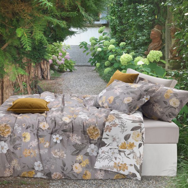 Completo Copripiumino In Raso Di Cotone Winter Garden Matrimoniale - 255X255 175X205 + 2 Federe 50X80 Mirabello Floreale Tortora Caleffi
