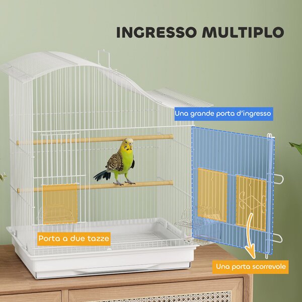 PawHut Gabbia per Uccelli a 4 Porte con 2 Ciotole, 2 Posatoi e Vassoio, in Metallo e Plastica, 47.5x36x54.5 cm, Bianco | Aosom Italy