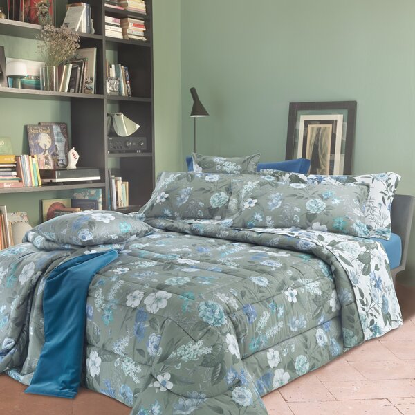 Completo Copripiumino In Raso Di Cotone Winter Garden Matrimoniale - 255X255 175X205 + 2 Federe 50X80 Mirabello Floreale Blu Caleffi