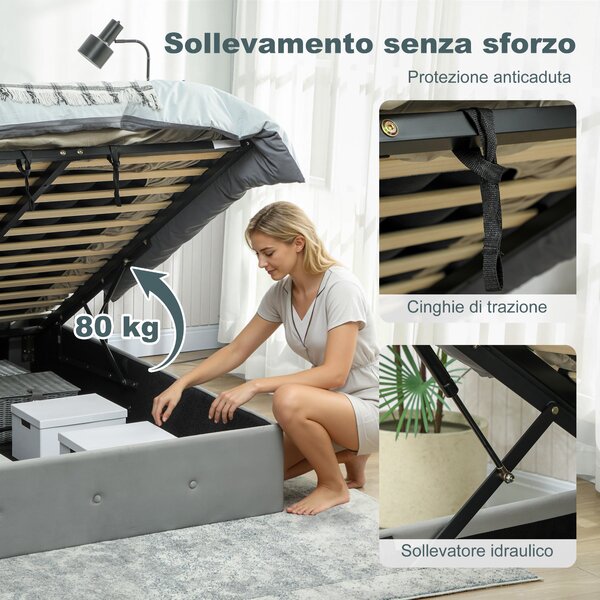 HOMCOM Letto Contenitore con Spazio a Scomparsa e Testiera Vellutata a Trapunta, in Legno e Metallo, 195x141x106 cm, Grigio | Aosom Italy