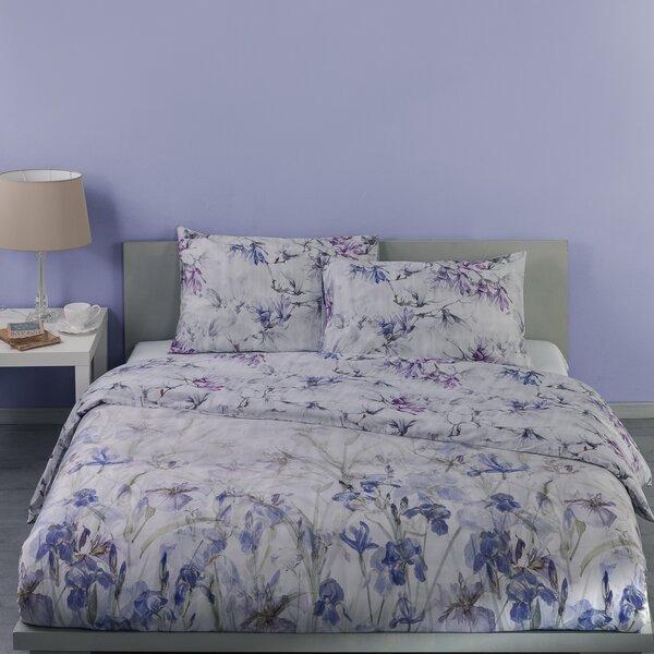 Completo Lenzuola In Percalle Irises Matrimoniale - 250X290 175X205 + 2 Federe 50X80 Emporium Floreale Lilla Caleffi