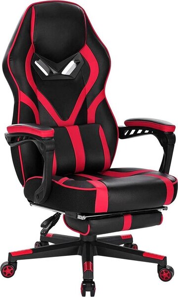 Happyment Gamestoel Deluxe - Sedia ergonomica da gioco e da ufficio con poggiapiedi - Regolabile in altezza - Rosso - Pelle finta
