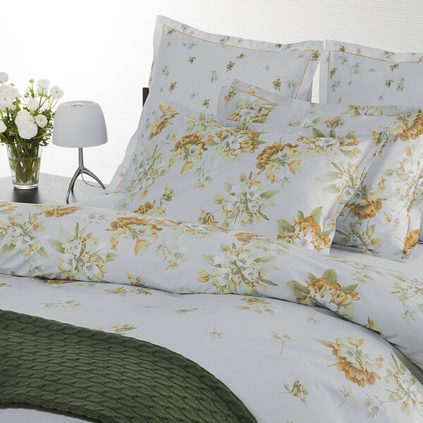 Completo Copripiumino In Percalle Rododendri Matrimoniale - 255X255 175X205 + 2 Federe 50X80 Emporium Floreale Giallo Caleffi
