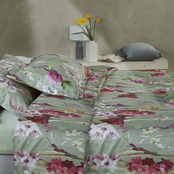Copripiumino Con Federe In Percalle Charming Flowers Matrimoniale - 255X255 + 2 Federe50X80 Emporium Floreale Verde Caleffi