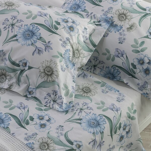 Completo Copripiumino In Percalle Gerbere Matrimoniale - 255X255 175X205 + 2 Federe 50X80 Emporium Geometrico Azzurro Caleffi