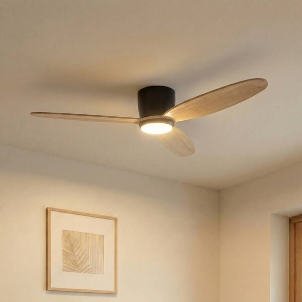 Ventilatore da soffitto LED Lucande Lignia, Ø 132 cm, CCT, dimmerabile Lignia Lucande,, Legno chiaro, Soggiorno / Sala da pranzo, Legno, Scandinavo
