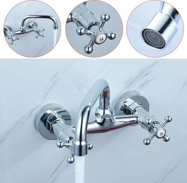 Rubinetto da cucina - Rubinetto a parete - Due maniglie, ottone, cartuccia in Vetroceramica, caldo/freddo, finitura cromo - Argento