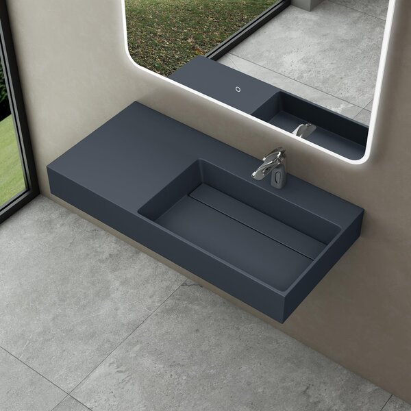 Doporro Lavabo Bagno Sospeso Lavabo da Appoggio Rettangolare in Marmo Resina Antracite Opaco, Vasca a Destra 90x48x13 cm con 1 Foro Rubinetto e Piletta Scarico, Colossum12