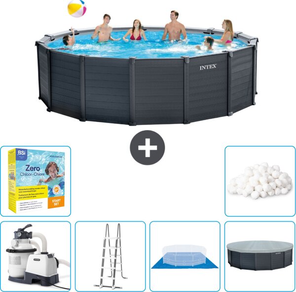 Piscina rotonda Intex con pannello grigio grafite - 478 x 124 cm - inclusa pompa - scaletta - telo di fondo - pacchetto di manutenzione della copertura - palline filtranti