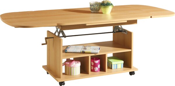 Tavolino funzionale, tavolo da soggiorno Babsi - decoro in faggio - regolabile in altezza e allungabile - piedini con rotelle - ampio ripiano - 107x157x67cm