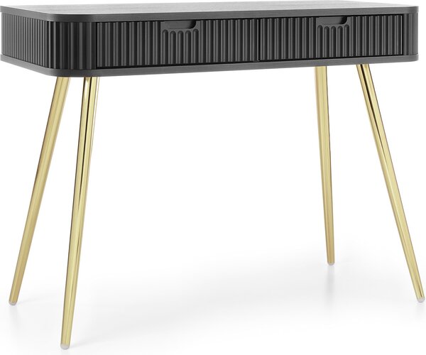 Tavolino da toilette con gambe nere e dorate, mobile da appoggio, 2 cassetti, stile moderno e alla moda