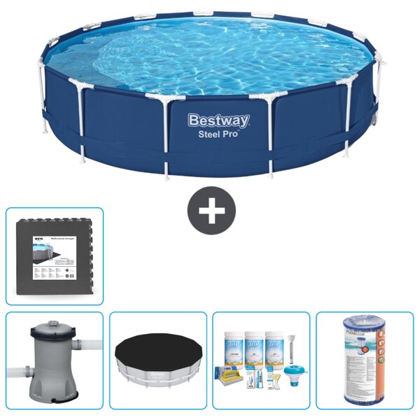 Piscina Bestway Round Steel Pro - 396 x 84 cm - blu - inclusa copertura per la pompa - pacchetto manutenzione - filtro - piastrelle per il pavimento