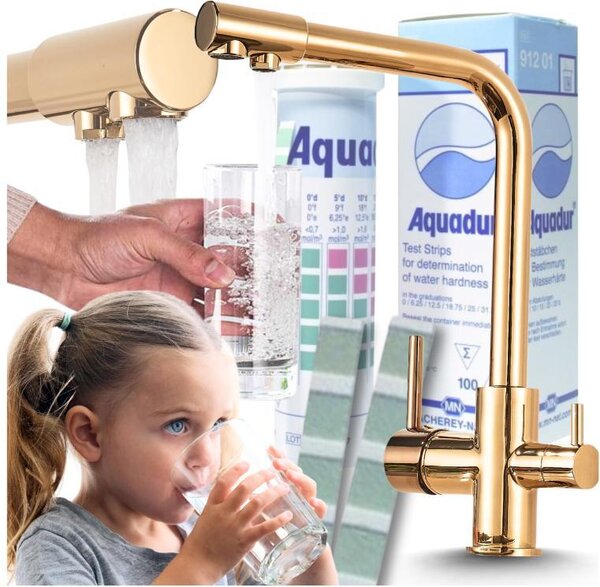 Rubinetto da cucina Ari Venom 1 a 3 vie con doppia canna, collegamento filtro acqua, beccuccio girevole 360, ottone oro lucido