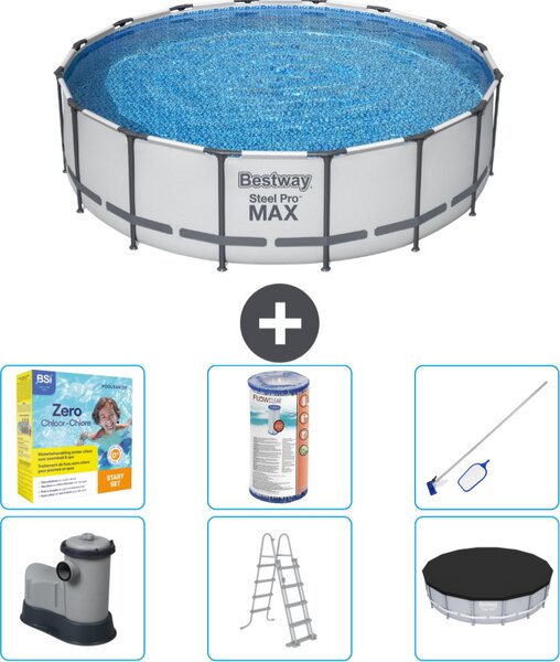 Piscina Bestway Round Steel Pro MAX - 488 x 122 cm - grigio - inclusa pompa - scala - copertura pacchetto manutenzione - filtro - kit pulizia