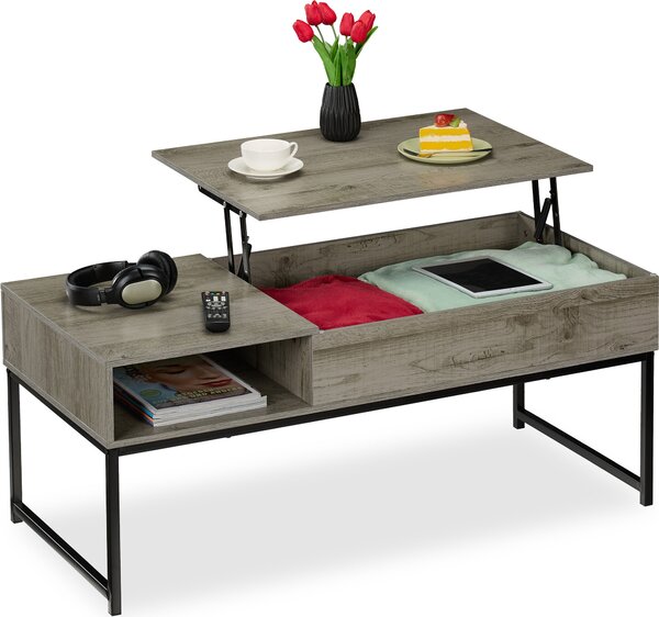 Tavolino ribaltabile Relaxdays, LxPxA: 45x110x50 cm, vano laterale, tavolino da salotto con spazio contenitivo, effetto legno e metallo, grigio