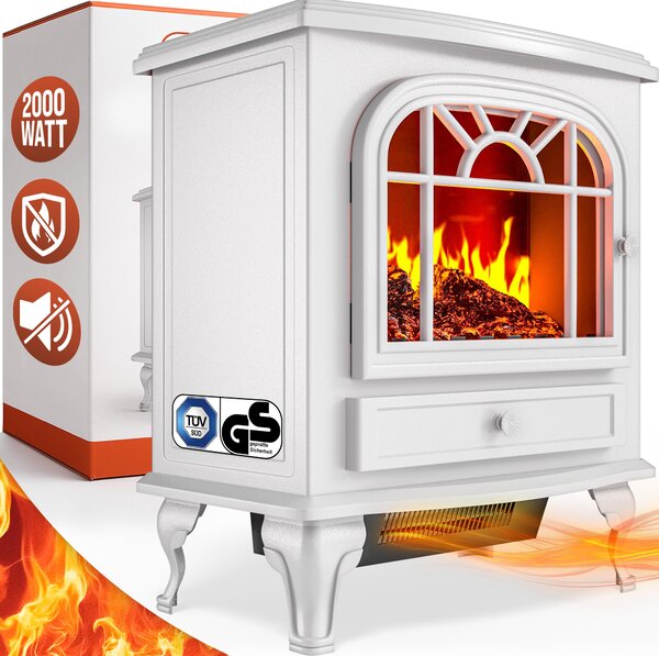 DEUBA® Camino Elettrico 2000W 60x28x50cm Termocamino Luce LED Effetto Fiamma Stufa Elettrica Caminetto finto a Corrente Stile Antico Bianco