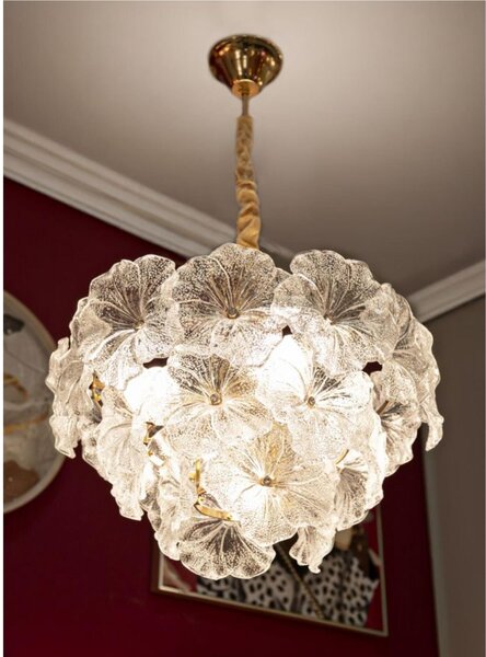 Lampadario con 5 punti luce E 14 in metallo dorato, IBISCUS CEILING Dimensioni � 47x30x h 73 cm petali di luce in vetro colorato telaio oro