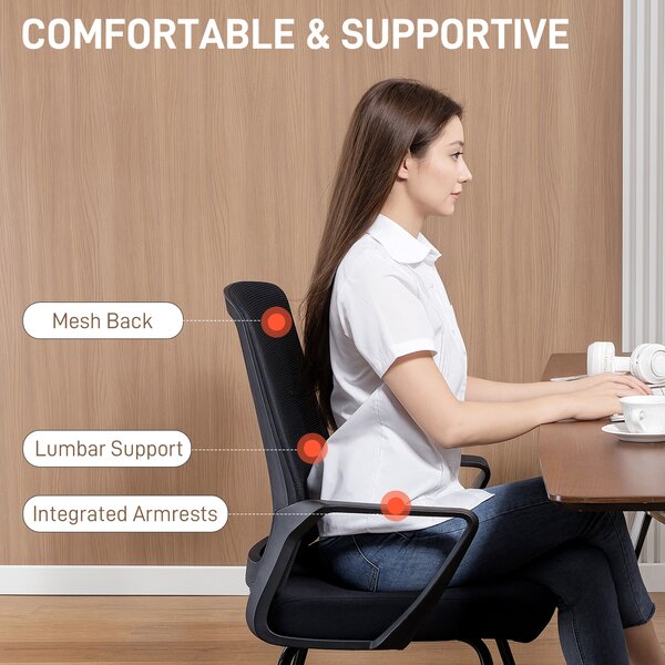 HOMCOM Sedia da Ufficio Senza Ruote Ergonomica con Braccioli per Sala d'Attesa, Nero | Aosom Italy