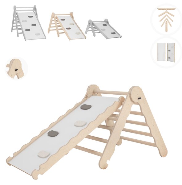 Struttura di arrampicata per interni MAMOI®, triangolo di arrampicata con scivolo in legno, torre di arrampicata con tavola di scivolo, scivolo per bambini ad arco di arrampicata, frusta arcobaleno