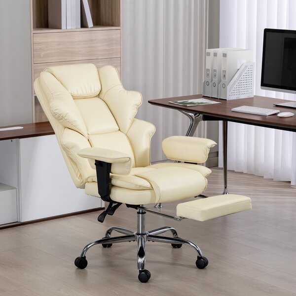 HOMCOM Sedia da Ufficio con Poggiapiedi e Poggiatesta, in Pelle PU, Schiuma e Metallo, 76x73x117-125 cm, Bianco Crema | Aosom Italy
