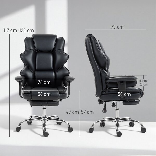 HOMCOM Sedia da Ufficio con Poggiapiedi e Poggiatesta, in Pelle PU, Schiuma e Metallo, 76x73x117-125 cm, Nero | Aosom Italy