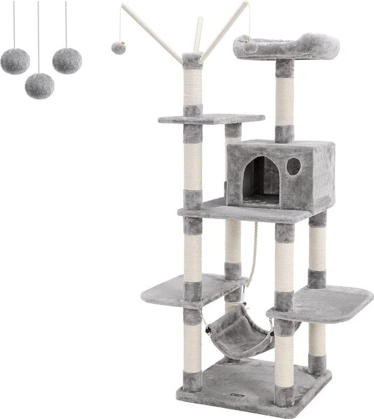 FEANDREA Albero da arrampicata XXL, perlina stabile con amaca, cavo, gioco in sisal, 154 cm, grigio chiaro