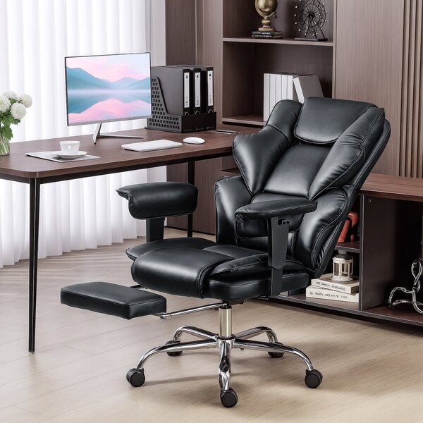 HOMCOM Sedia da Ufficio con Poggiapiedi e Poggiatesta, in Pelle PU, Schiuma e Metallo, 76x73x117-125 cm, Nero | Aosom Italy