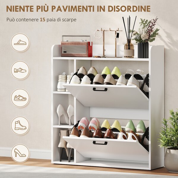 HOMCOM Scarpiera Slim con 2 Cassetti Ribaltabili e 3 Vani Aperti, Capacità 15 Scarpe, 83x24x90.5 cm, Bianco | Aosom Italy