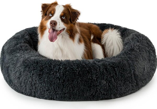Lionto Donut dog bed, divano rotondo per cani con rivestimento in peluche e borchie antiscivolo, morbido e accogliente, diametro 100 cm, grigio scuro