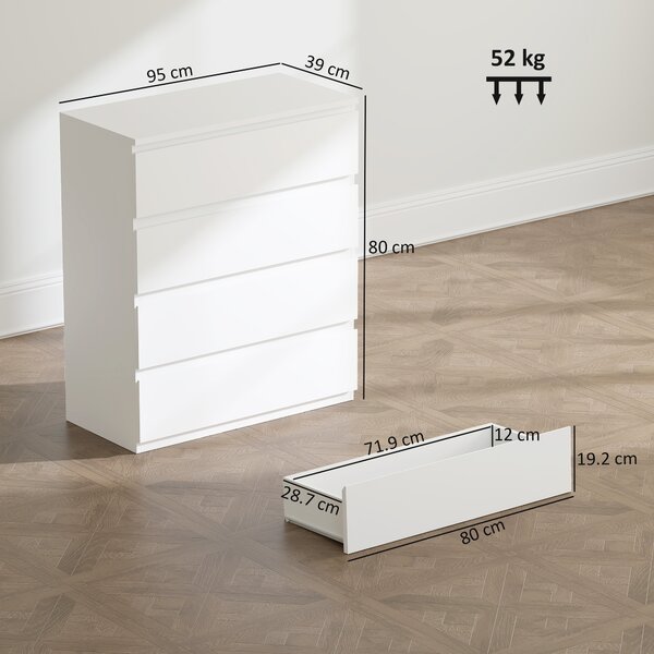 HOMCOM Cassettiera 4 cassetti, 80 x 39 x 95 cm, Bianco | Aosom Italy