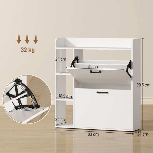 HOMCOM Scarpiera Slim con 2 Cassetti Ribaltabili e 3 Vani Aperti, Capacità 15 Scarpe, 83x24x90.5 cm, Bianco | Aosom Italy