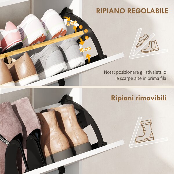 HOMCOM Scarpiera Slim con 2 Cassetti Ribaltabili e 3 Vani Aperti, Capacità 15 Scarpe, 83x24x90.5 cm, Bianco | Aosom Italy